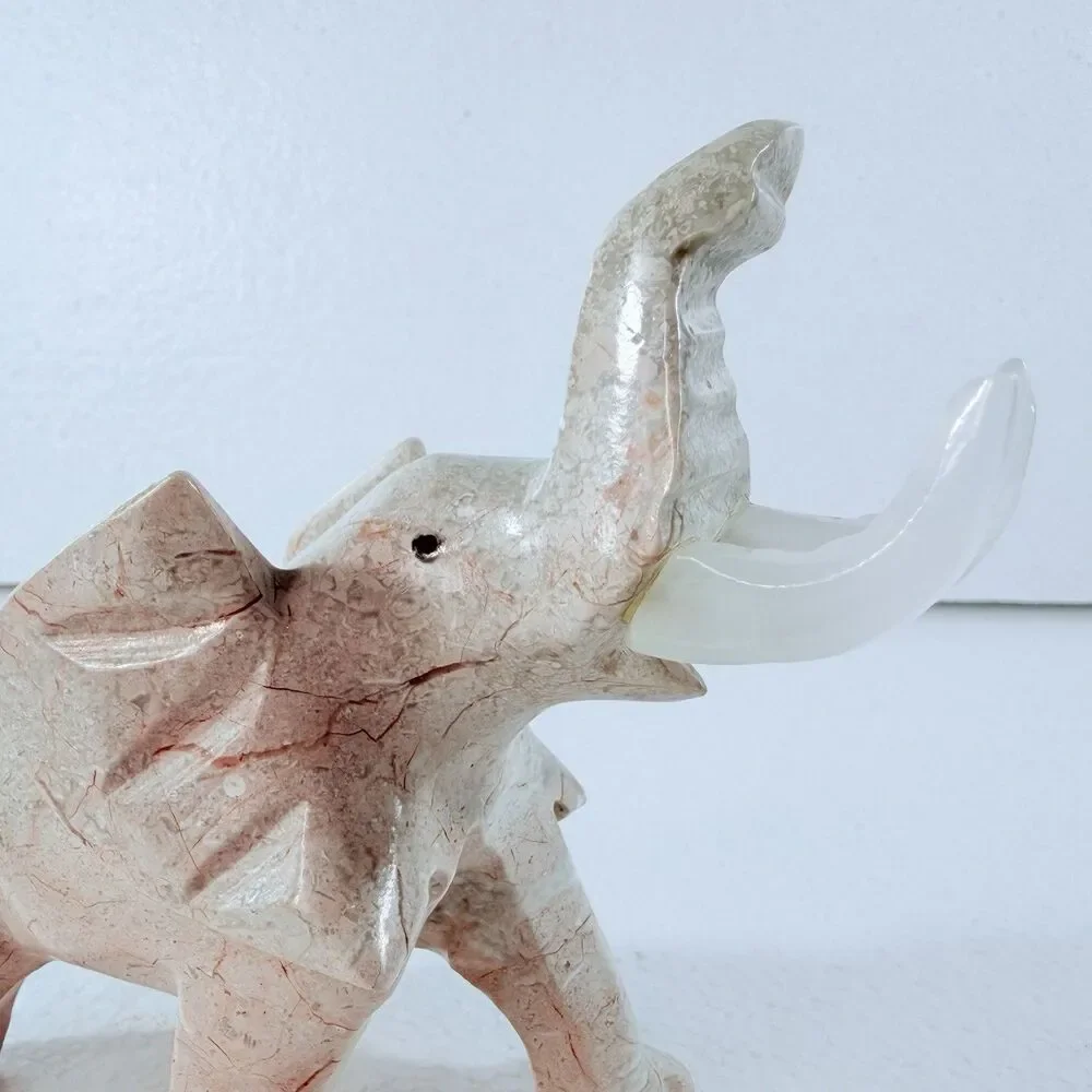 Vintage Onyx Marble Stone Elephant Figurine Trunk Up Luck Statue Hand Carved
